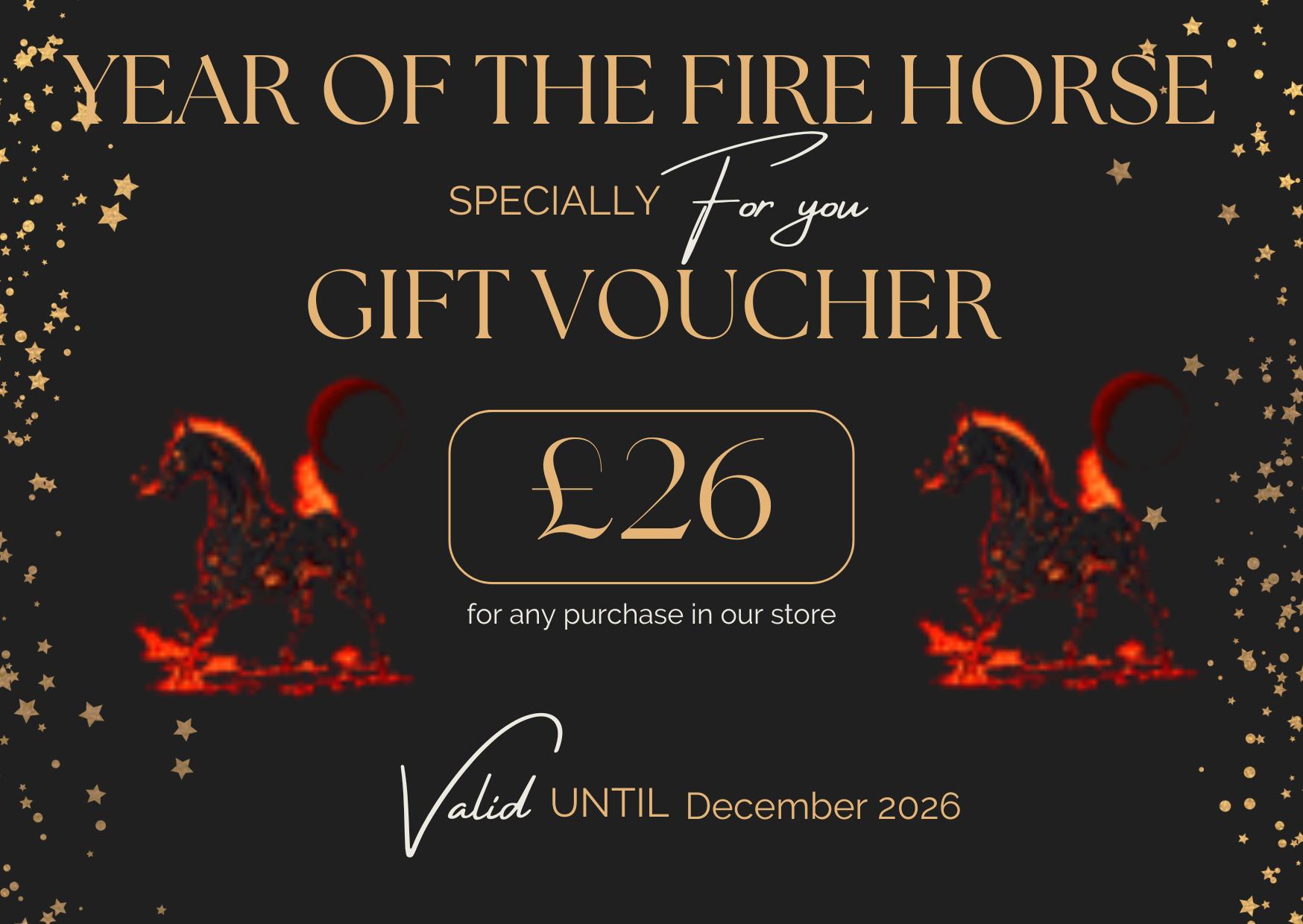Year of the Fire Horse 2026 Gift Voucher – £26 Black & Gold Limited Edition Card