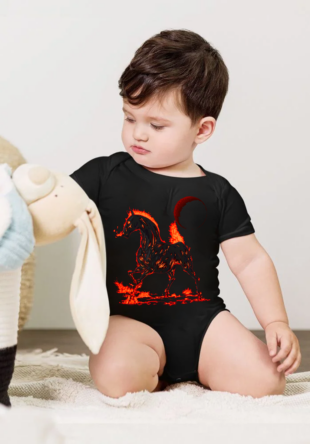 Organic Cotton Year of the Fire Horse Baby Bodysuit – Black Eco‑Friendly Zodiac Keepsake