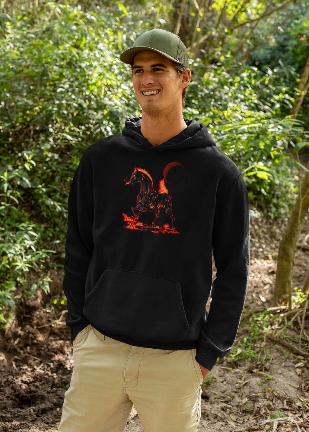 Year of the Fire Horse Front‑Design Hoodie – Black Unisex Pullover