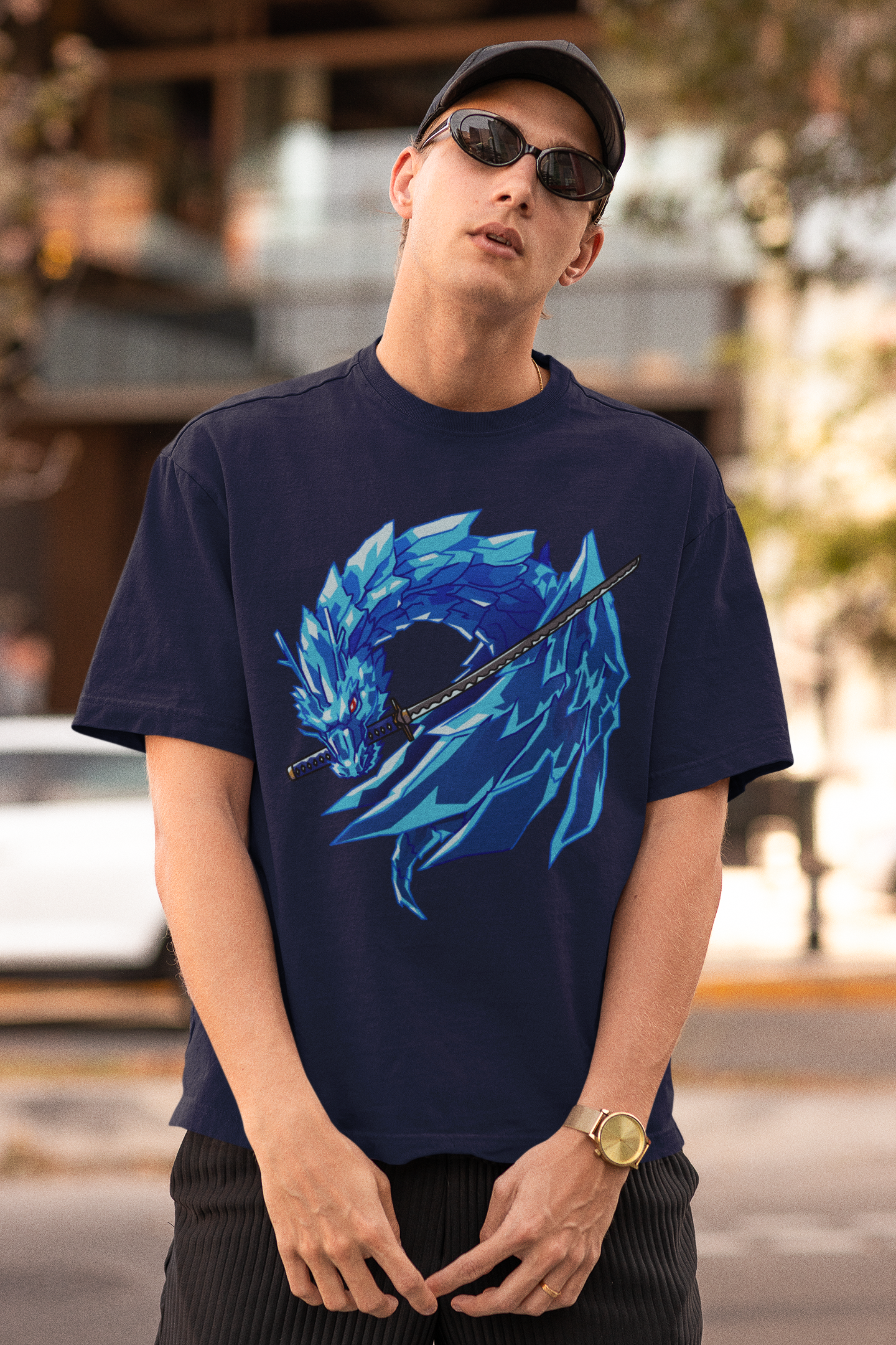 Blue Ice Dragon Katana T‑Shirt – Organic Unisex Tee – Mythic Samurai Artwork