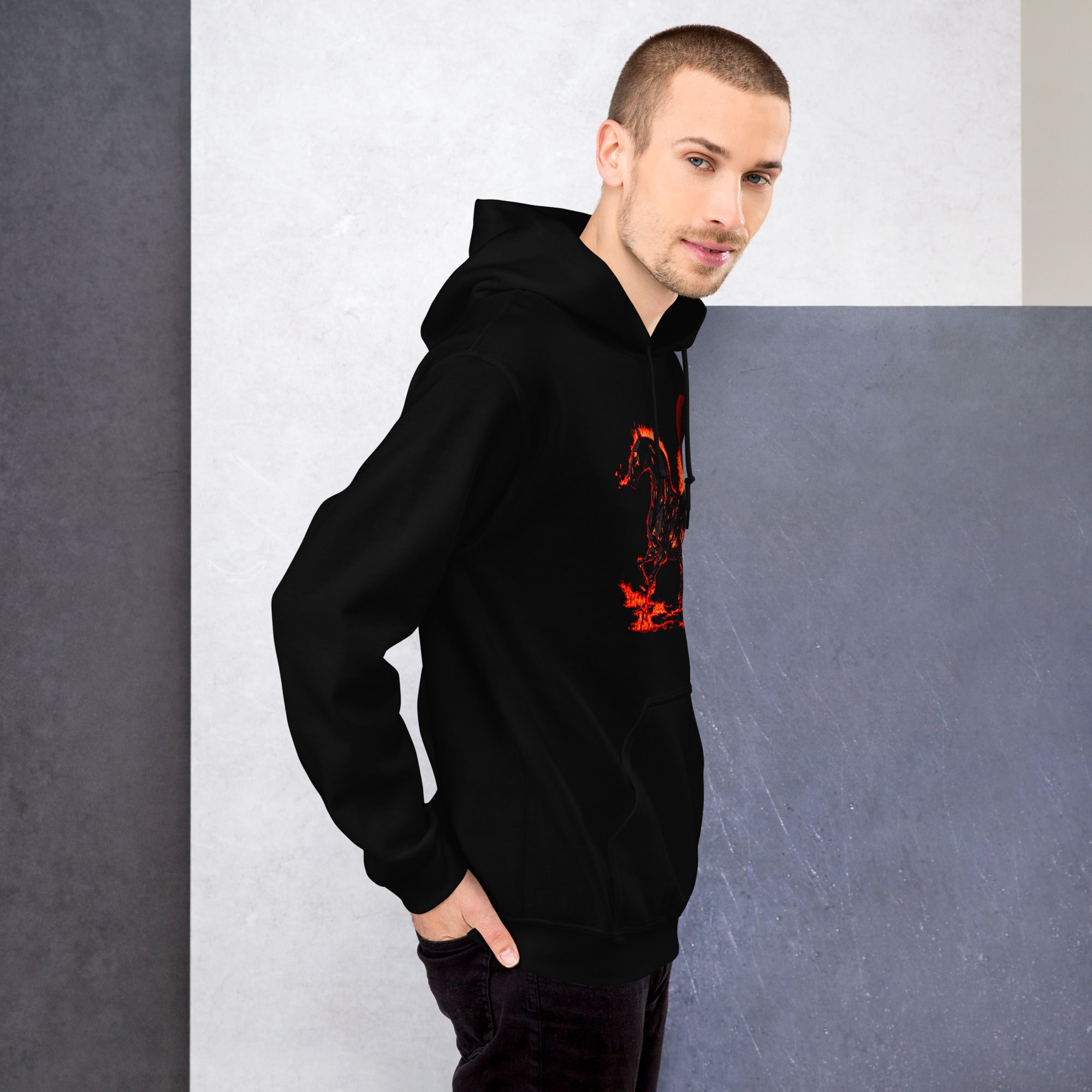 Year of the Fire Horse Front‑Design Hoodie – Black Unisex Pullover